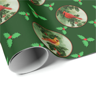 Male and Female Cardinals Green Wrapping Paper
