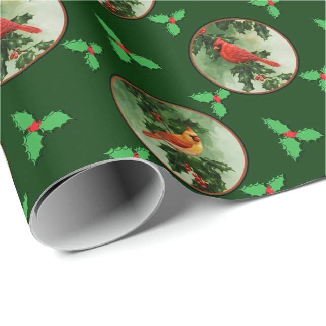 Male and Female Cardinals Green Wrapping Paper (Roll Corner)
