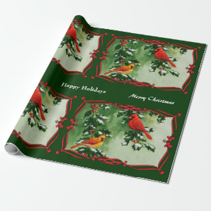 Male and Female Cardinals Green Wrapping Paper