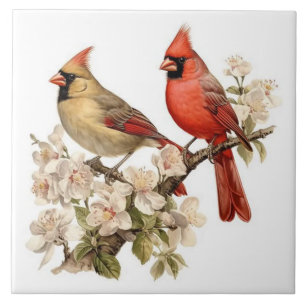 Male and female cardinals perched ceramic tile