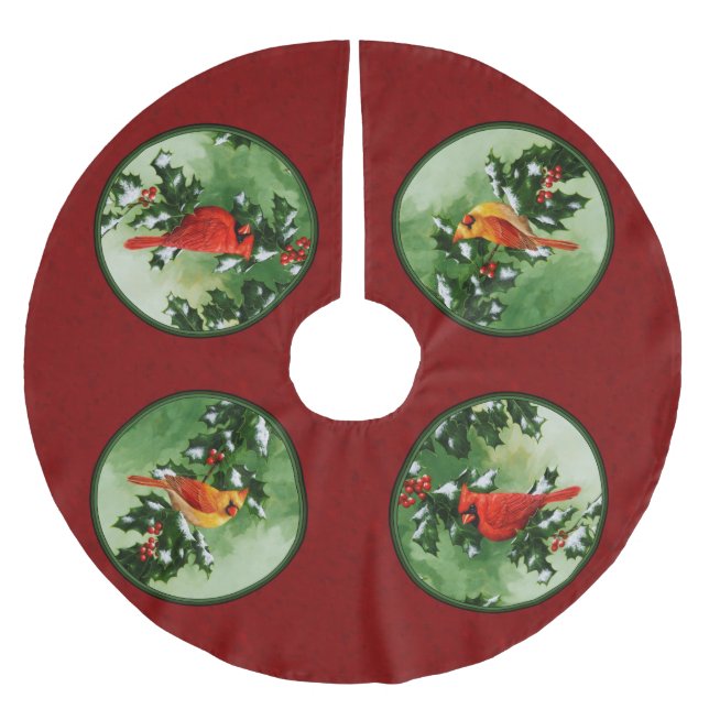 Male and Female Cardinals Red Brushed Polyester Tree Skirt (Front)