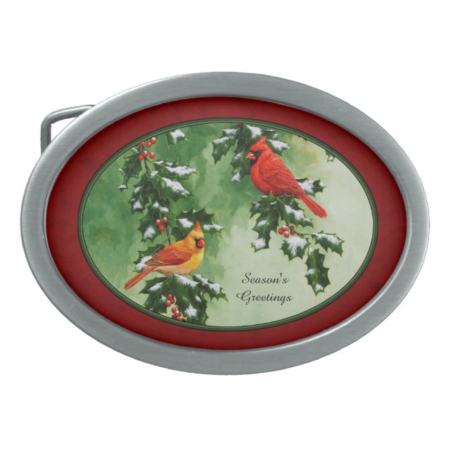 Male and Female Cardinals Red Oval Belt Buckle (Front)