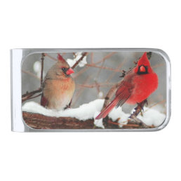 male and female cardinals silver finish money clip