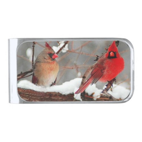 male and female cardinals silver finish money clip