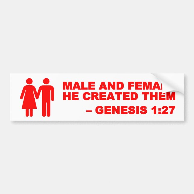 Male and Female Gen. 1:27 Bumper Sticker - Red (Front)