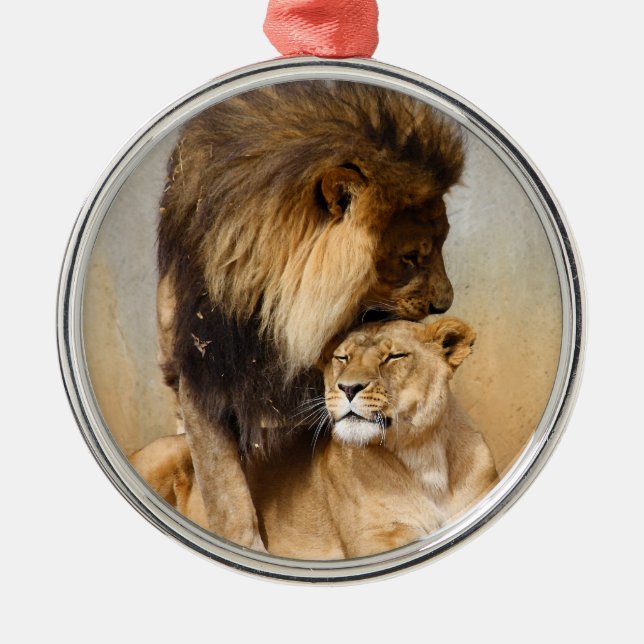 Male and Female Lion in Love Metal Ornament (Front)
