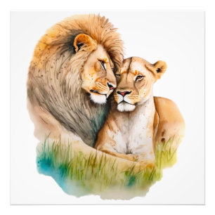 Male and Female Lion & Lioness in Love Photo Print