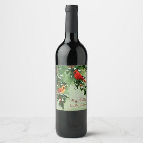 Male and Female Northern Red Cardinals Wine Label