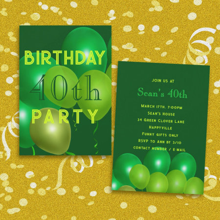 Male Birthday Green Balloons Party Invitation