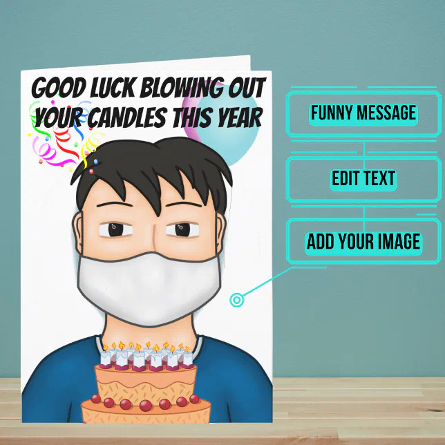 Male Blowing Out Candles with Mask Funny Birthday Card Zazzle