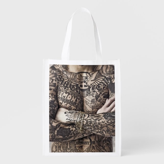 Male Body Tattoo Photograph Grocery Bag (Front)
