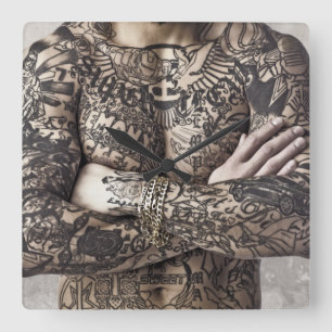 Male Body Tattoo Photograph Square Wall Clock