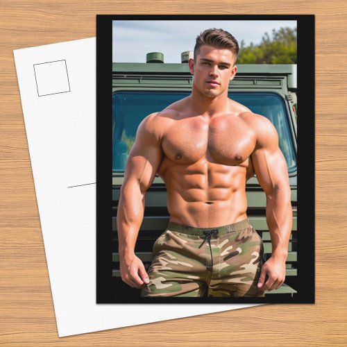 Male Bodybuilder in Camouflage Postcard