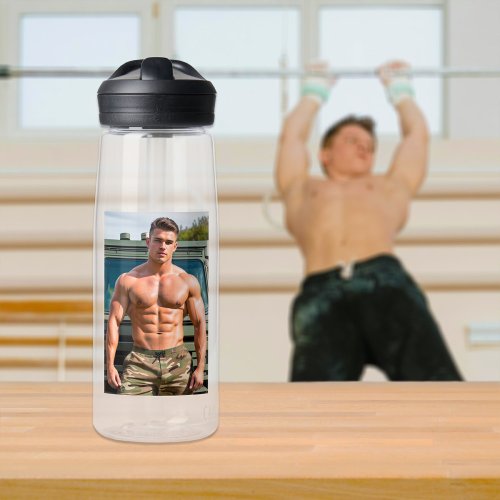Male Bodybuilder in Camouflage Water Bottle