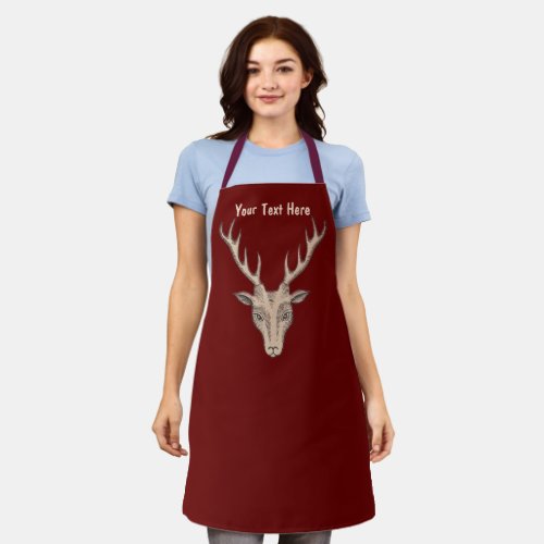 Male Brown Deer Head Face Large Antlers Burgundy Apron