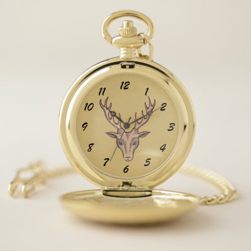 Male Buck Deer Head Red Outline Big Antlers Tan Pocket Watch