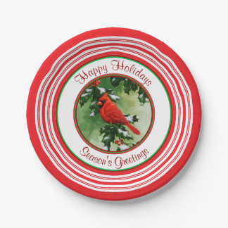 Male Cardinal and Holly Branch Red Paper Plates
