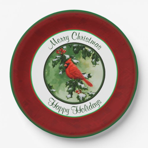 Male Cardinal and Holly Branch Red Paper Plates