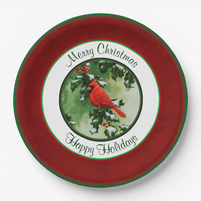 Male Cardinal and Holly Branch Red Paper Plates (Front)