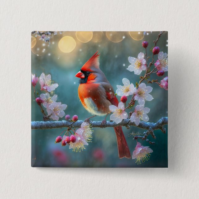 Male Cardinal in the Moonlight Cherry Blossoms Button (Front)
