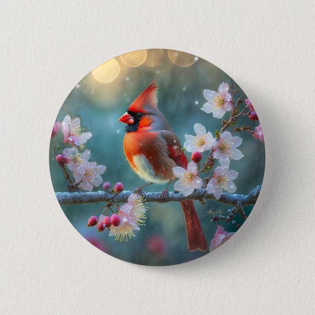 Male Cardinal in the Moonlight Cherry Blossoms Button (Front)