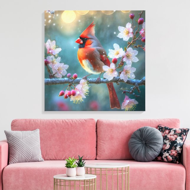 Male Cardinal in the Moonlight Cherry Blossoms Canvas Print (Insitu(LivingRoom))