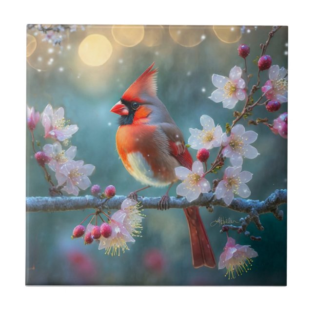 Male Cardinal in the Moonlight Cherry Blossoms Ceramic Tile (Front)