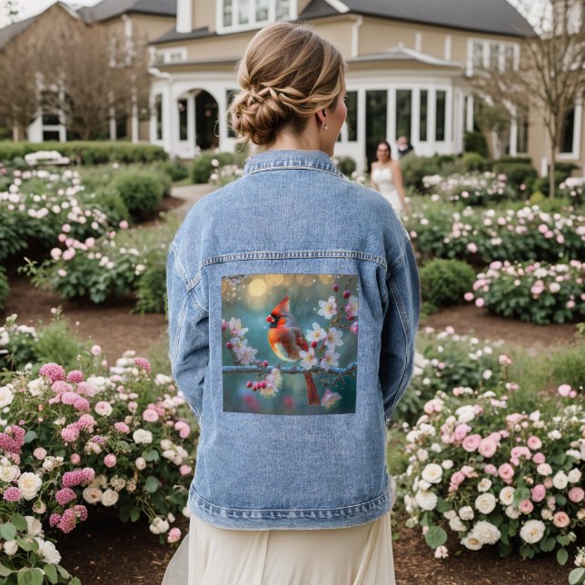 Male Cardinal in the Moonlight Cherry Blossoms Denim Jacket (Wedding Back)