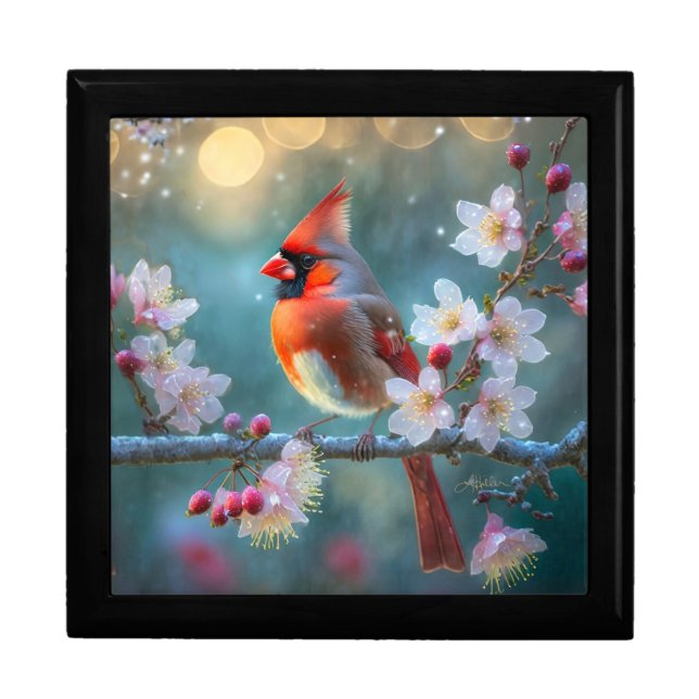 Male Cardinal in the Moonlight Cherry Blossoms Gift Box (Front)