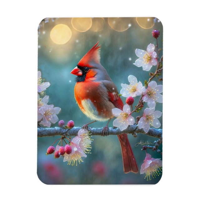 Male Cardinal in the Moonlight Cherry Blossoms Magnet (Vertical)