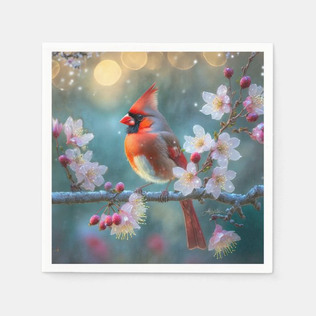 Male Cardinal in the Moonlight Cherry Blossoms Napkins (Front)