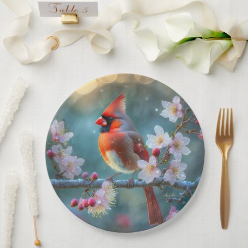 Male Cardinal in the Moonlight Cherry Blossoms Paper Plates