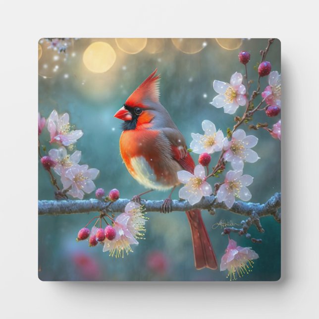 Male Cardinal in the Moonlight Cherry Blossoms Plaque (Front)