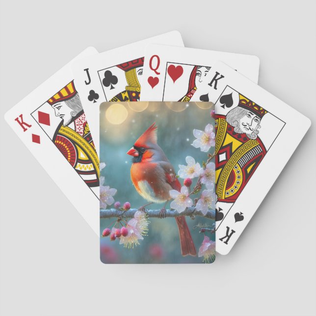 Male Cardinal in the Moonlight Cherry Blossoms Poker Cards (Back)