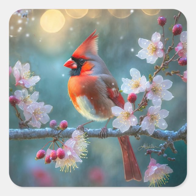 Male Cardinal in the Moonlight Cherry Blossoms Square Sticker (Front)