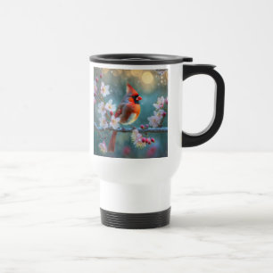 Male Cardinal in the Moonlight Cherry Blossoms Travel Mug