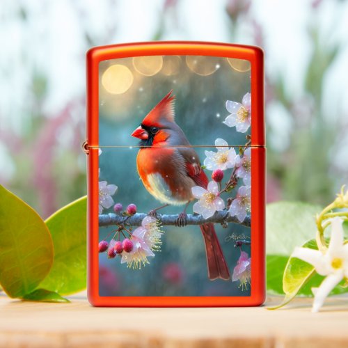 Male Cardinal in the Moonlight Cherry Blossoms Zippo Lighter