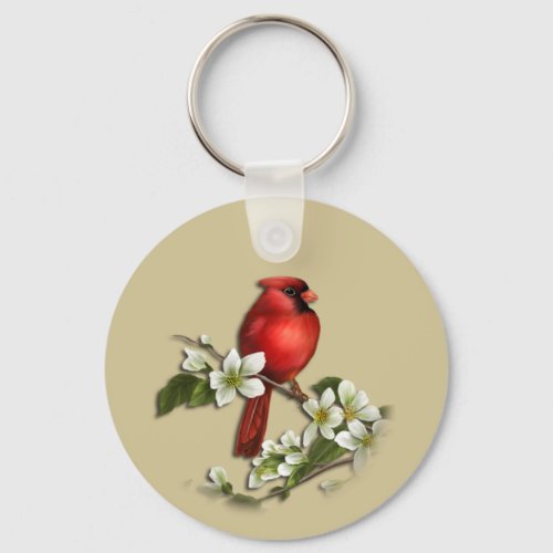 Male Cardinal on Dogwood Keychain