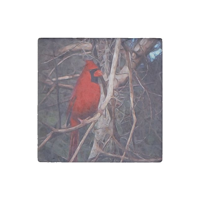 Male Cardinal on marble Stone Magnet (Front)