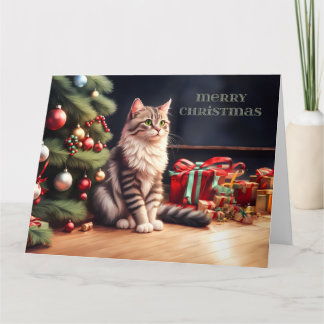 Male cat with Christmas tree Card