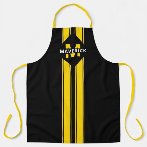 Male Chef Monogram and Name Apron - Personalized mens apron featuring a stylish black background, yellow sports stripes, your initial, and name. This personalized apron would make a great gift for father's day or a birthday!