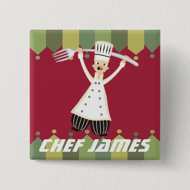 Male chef pantaloons giant fork name badge pinback button (Front)