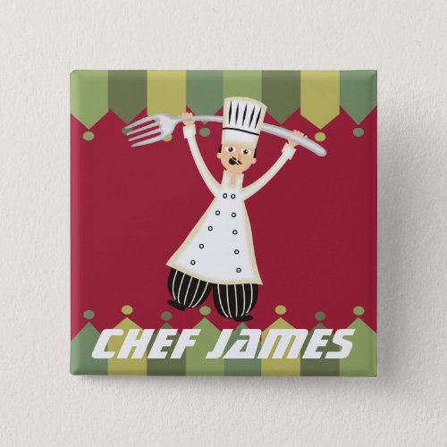 Male chef pantaloons giant fork name badge pinback button