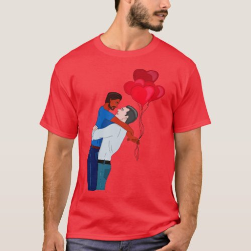 Male Couple Hugging While Holding Heart Shaped Bal T_Shirt