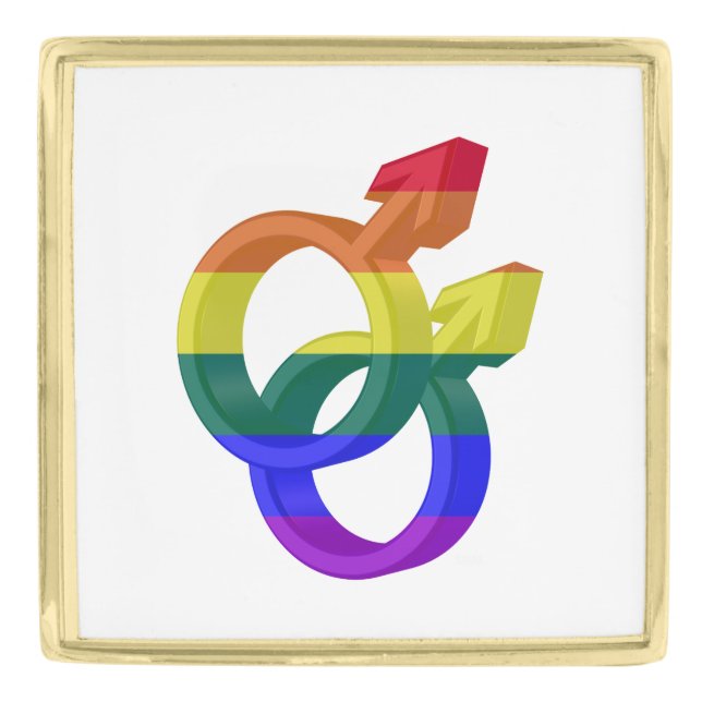 Male Couple Pride Symbols Rainbow Flag Gold Finish Lapel Pin (Front)