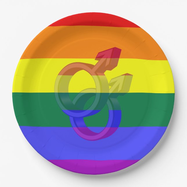 Male Couple Pride Symbols Rainbow Flag Paper Plates (Front)
