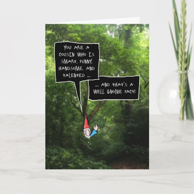 Male Cousin Birthday, Humorous Gnome in Forest Card (Front)