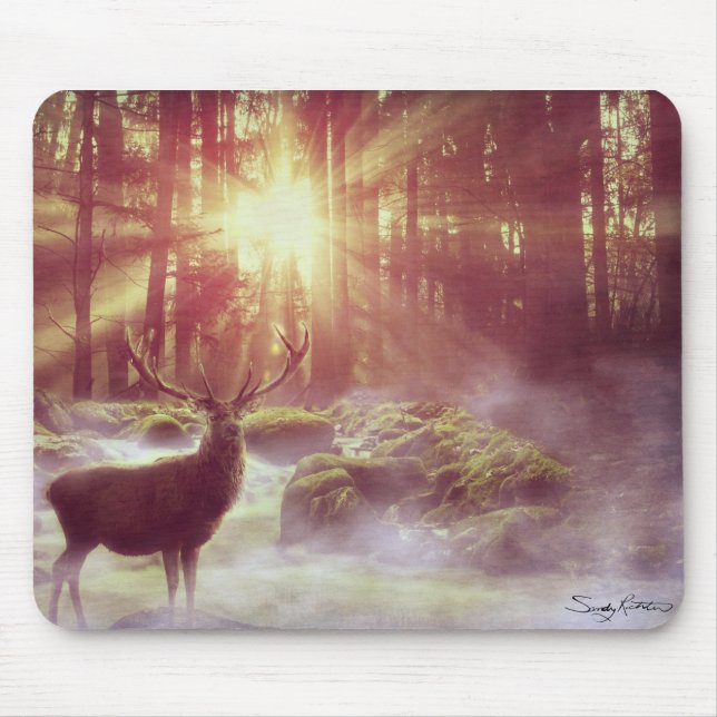 Male Deer in Misty Woods at Sunrise Golden Hour Mouse Pad (Front)