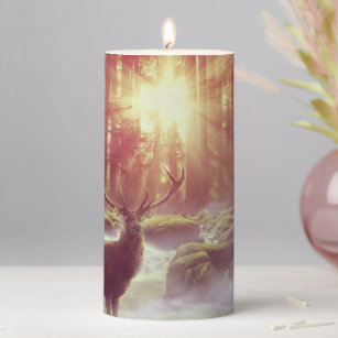 Male Deer in Misty Woods at Sunrise Golden Hour Pillar Candle