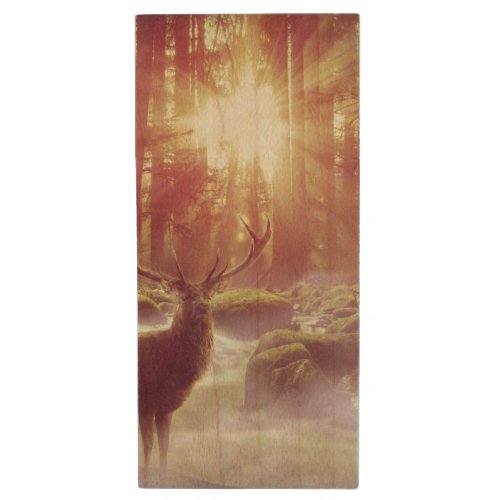 Male Deer in Misty Woods at Sunrise Golden Hour Wood Flash Drive